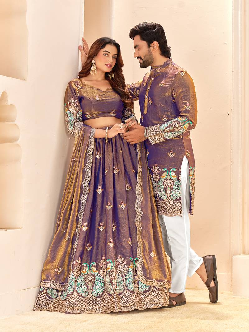Lavender embroidered lehenga & matching men's kurta set couple combo