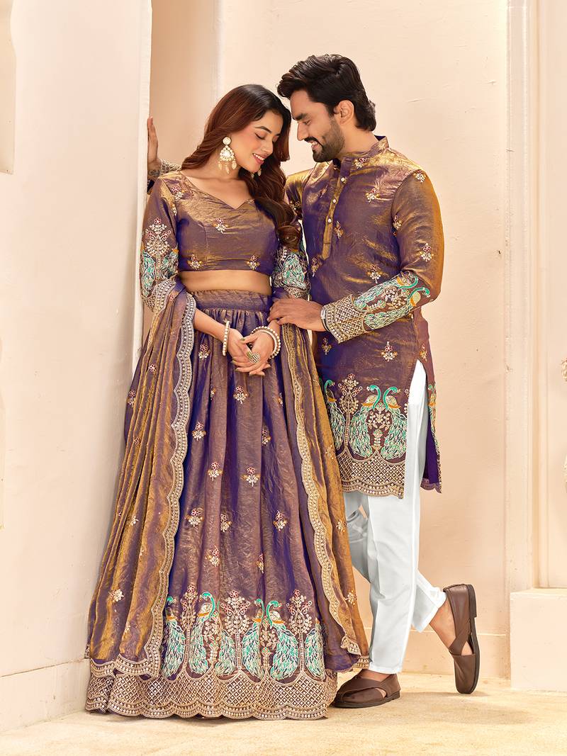 Lavender embroidered lehenga & matching men's kurta set couple combo