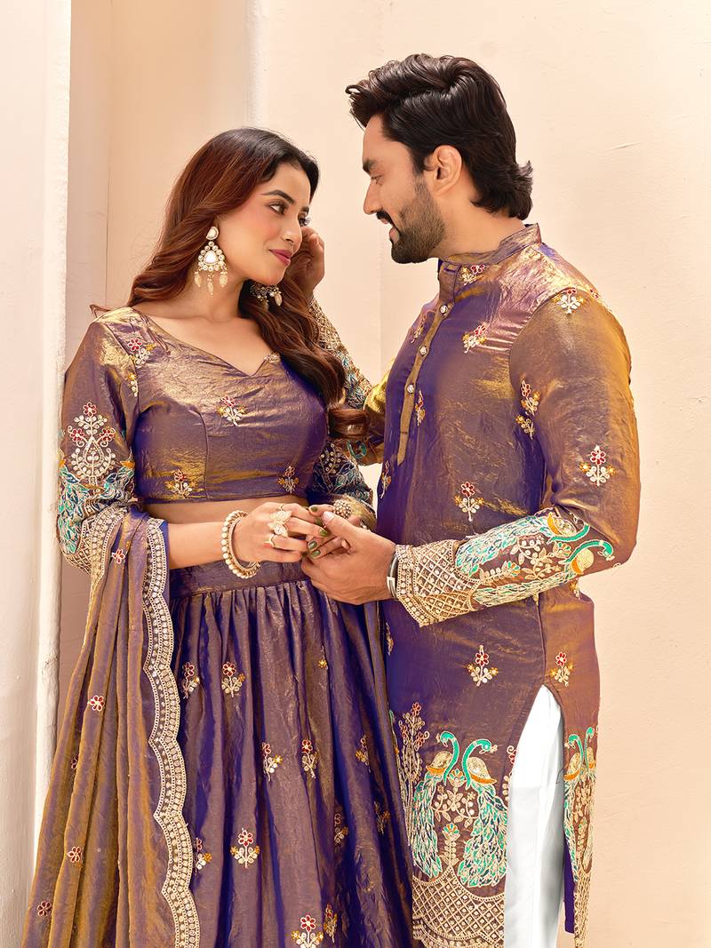 Lavender embroidered lehenga & matching men's kurta set couple combo