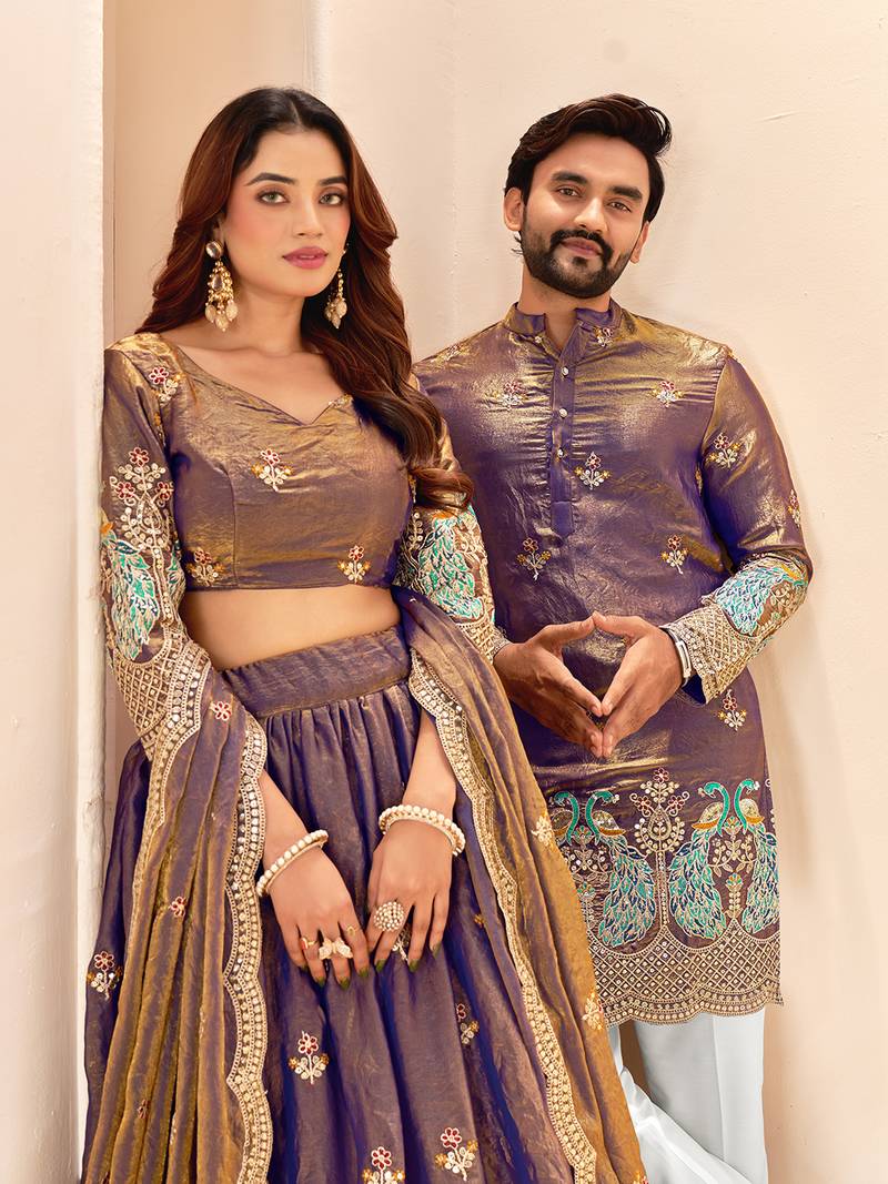 Lavender embroidered lehenga & matching men's kurta set couple combo