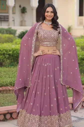 Onion pink Faux Georgette With Sequins & Zari Multi Embroidered Lehenga