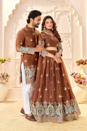 Brown embroidered lehenga & matching men's kurta set couple combo