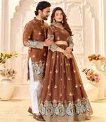 Brown embroidered lehenga & matching men's kurta set couple combo