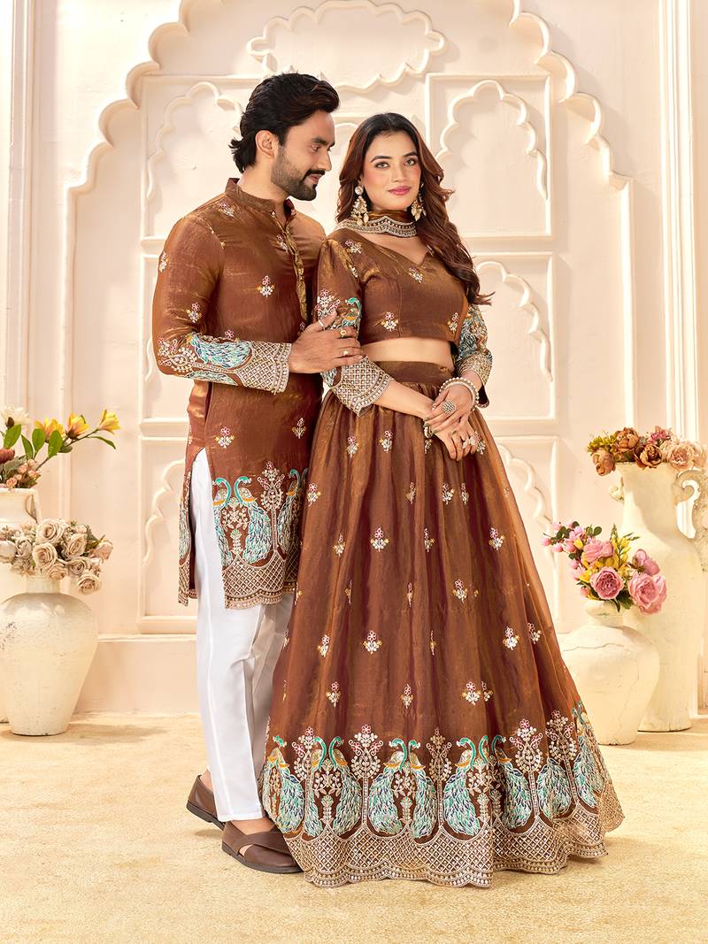 Brown embroidered lehenga & matching men's kurta set couple combo