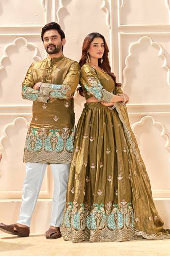 Mehendi Green embroidered lehenga & matching men's kurta set couple combo