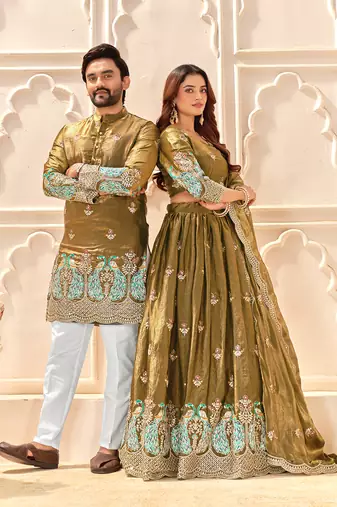 Mehendi Green embroidered lehenga & matching men's kurta set couple combo