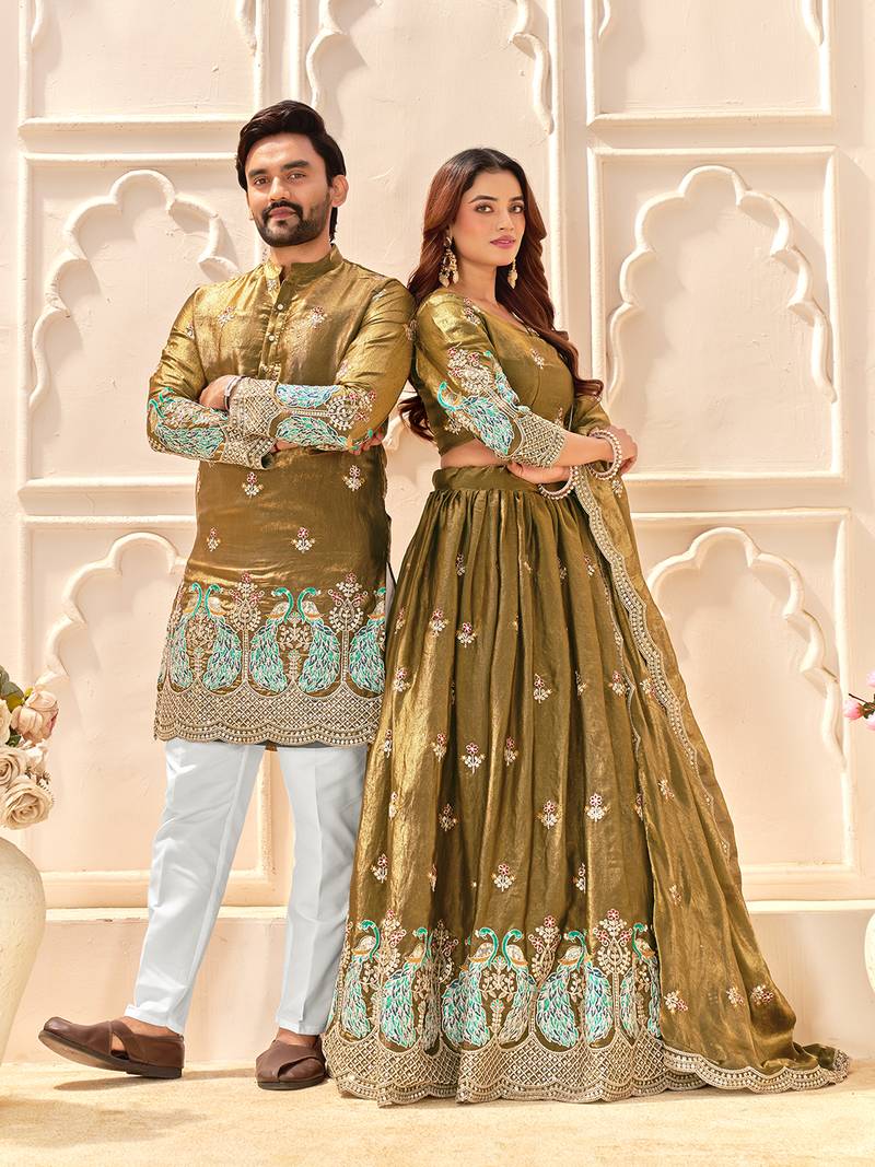 Mehendi Green embroidered lehenga & matching men's kurta set couple combo