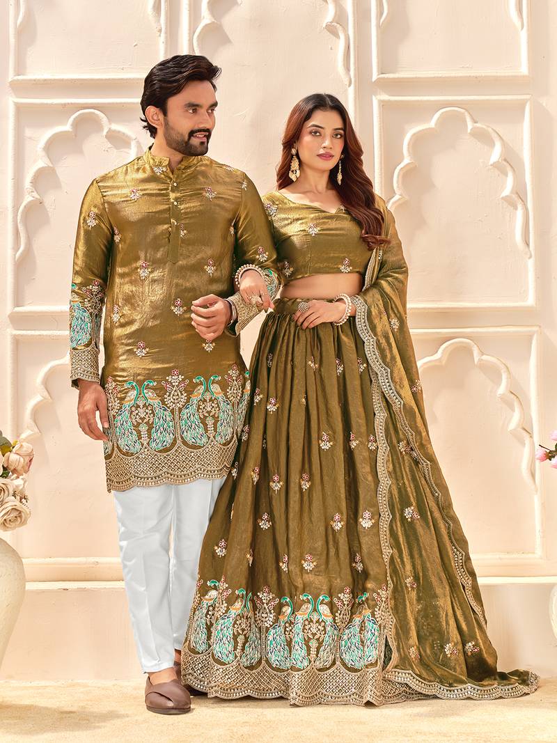 Mehendi Green embroidered lehenga & matching men's kurta set couple combo