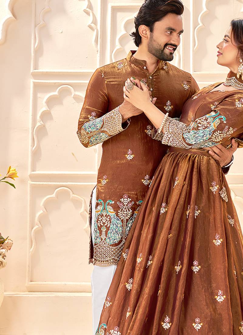 Brown embroidered lehenga & matching men's kurta set couple combo