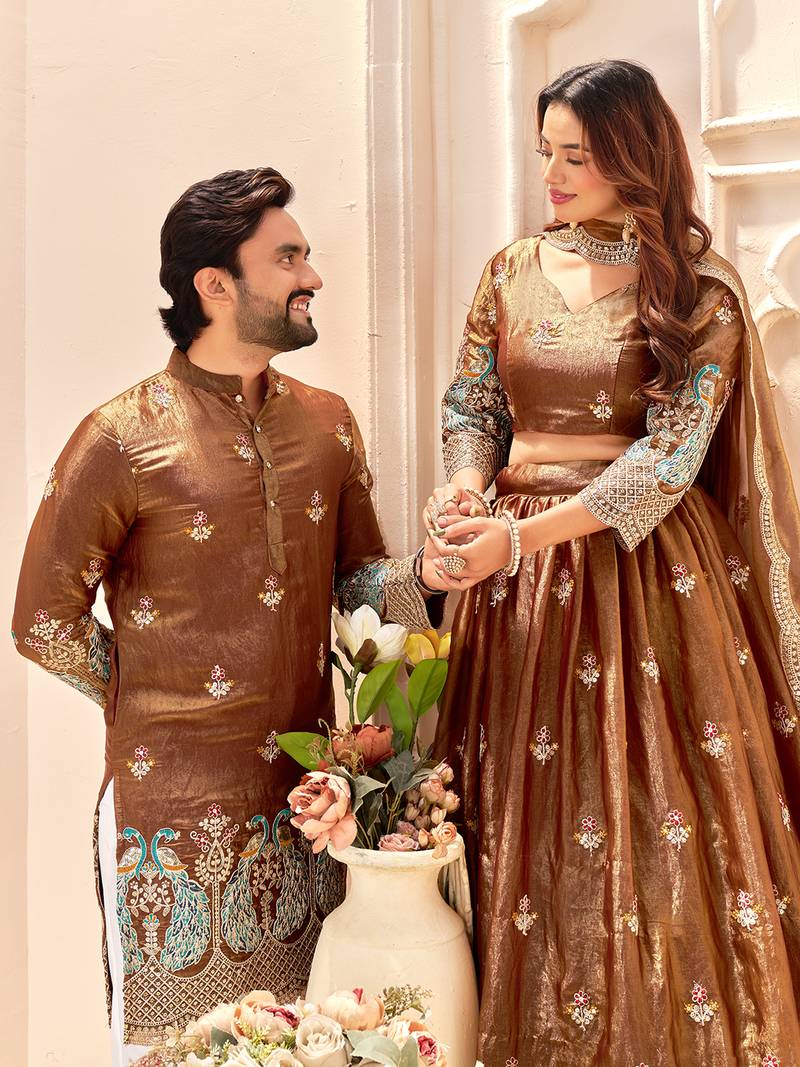 Brown embroidered lehenga & matching men's kurta set couple combo