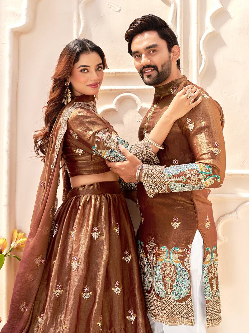 Brown embroidered lehenga & matching men's kurta set couple combo