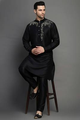 Black embroidered dupion art silk kurta set 3