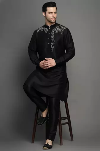 Black embroidered dupion art silk kurta set