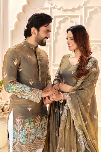 Grey embroidered lehenga & matching men's kurta set couple combo