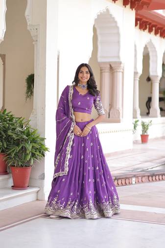 Purple Vichitra Silk With Sequins Embroidered Work Lahenga Choli And Duptta