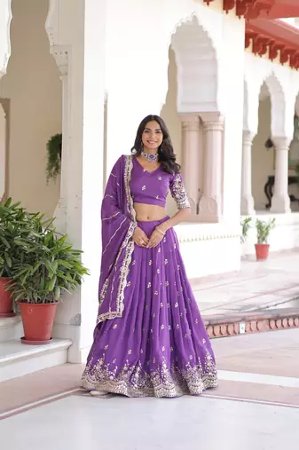 Purple Vichitra Silk With Sequins Embroidered Work Lahenga Choli And Duptta