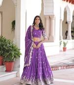 Purple Vichitra Silk With Sequins Embroidered Work Lahenga Choli And Duptta