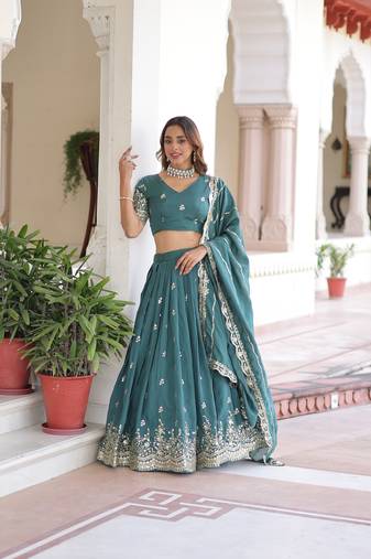 Sea green Vichitra Silk With Sequins Embroidered Work Lahenga Choli And Duptta