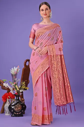 Light pink color linen cotton zari weaving work saree