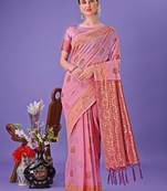 Light pink color linen cotton zari weaving work saree