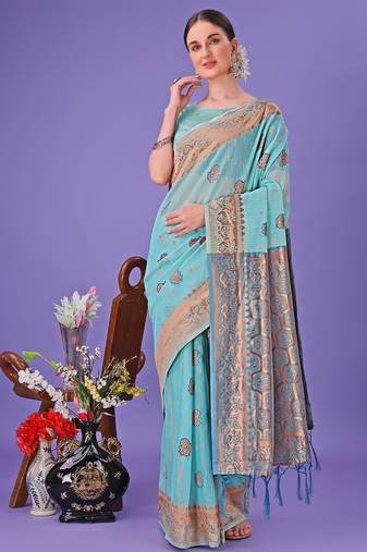 Sea green color linen cotton zari weaving work saree