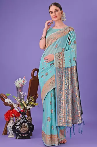 Sea green color linen cotton zari weaving work saree