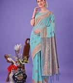 Sea green color linen cotton zari weaving work saree