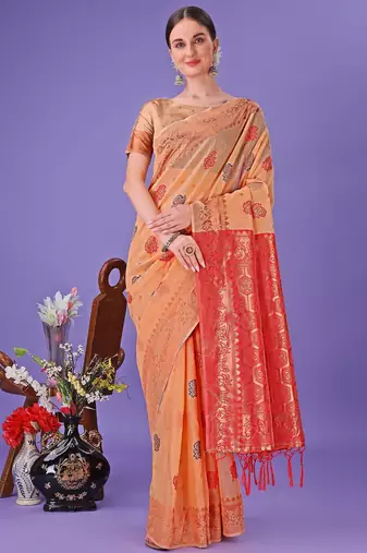Orange color linen cotton zari weaving work saree