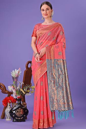 Pink color linen cotton zari weaving work saree