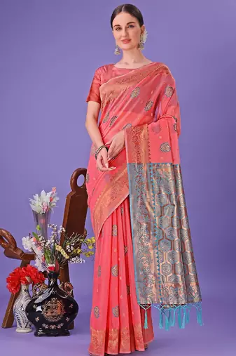 Pink color linen cotton zari weaving work saree