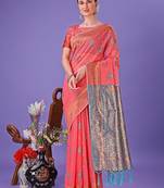 Pink color linen cotton zari weaving work saree