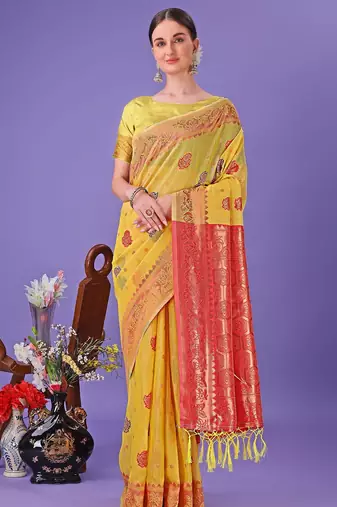 Yellow color linen cotton zari weaving work saree