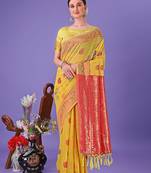 Yellow color linen cotton zari weaving work saree