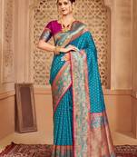blue color art silk blend woven work saree