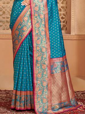 blue color art silk blend woven work saree 2