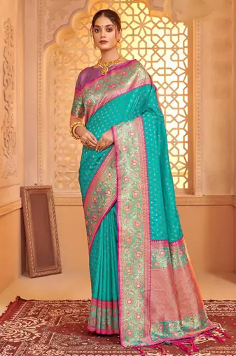 sky blue color art silk blend woven work saree