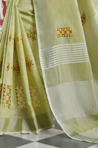 Pista green color linen embroidered work saree