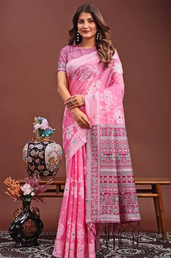 Pink color linen cotton saree with blouse