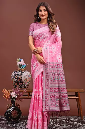 Pink color linen cotton saree with blouse