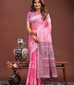 Pink color linen cotton saree with blouse