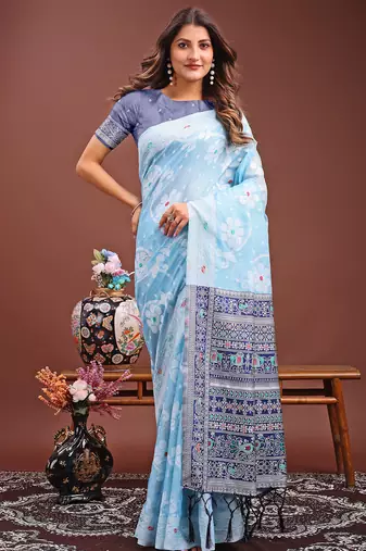 Sky blue color linen cotton saree with blouse
