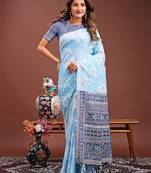 Sky blue color linen cotton saree with blouse