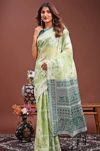 Light green color linen cotton saree with blouse