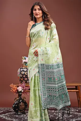 Light green color linen cotton saree with blouse