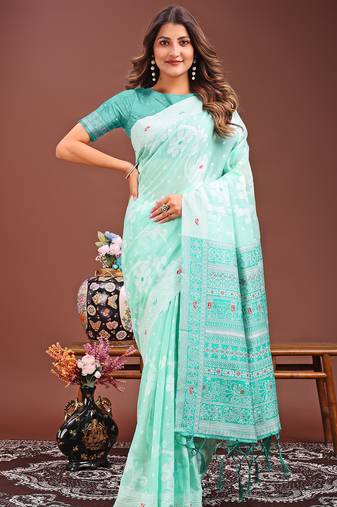 Sea green color linen cotton saree with blouse