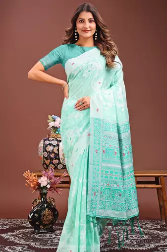 Sea green color linen cotton saree with blouse
