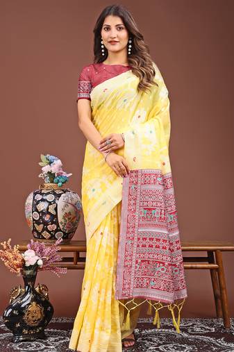 Yellow color linen cotton saree with blouse