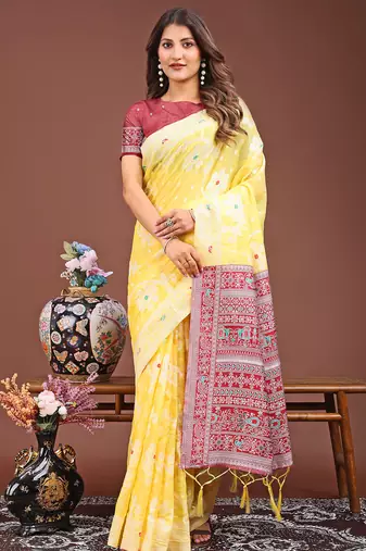 Yellow color linen cotton saree with blouse