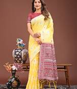Yellow color linen cotton saree with blouse