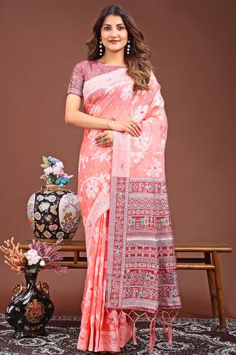 Peach color linen cotton saree with blouse